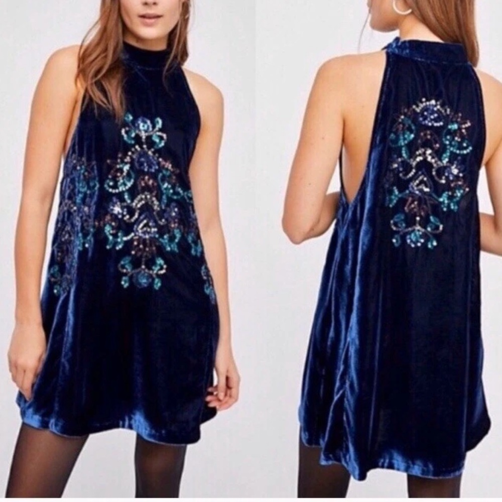 Elegant Free People “Jill” Blue Velvet Embellished Dress!
